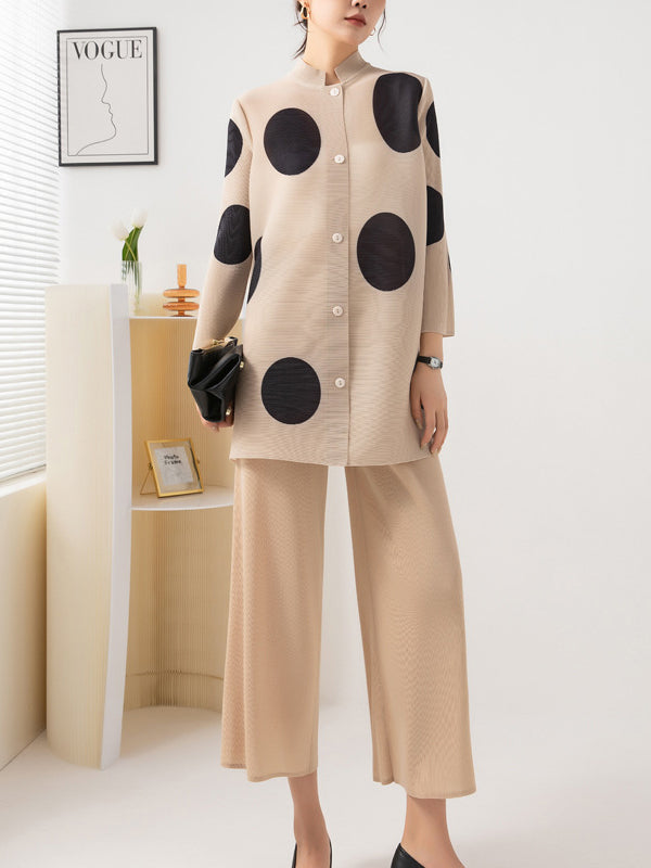 Long Sleeves Loose Pleated Polka Dot Stand Collar Top + Pants Bottomtwo Pieces Set