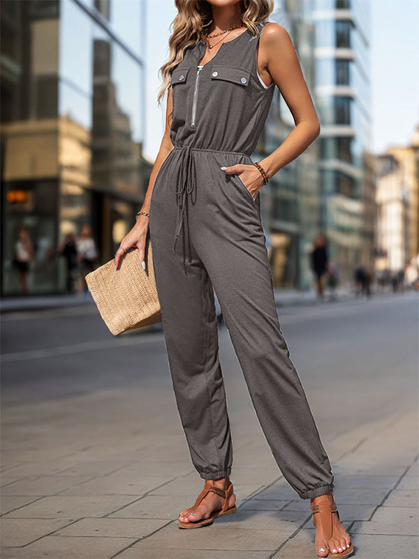 Sleeveless Solid Color Zipper V-Neck Jumpsuits