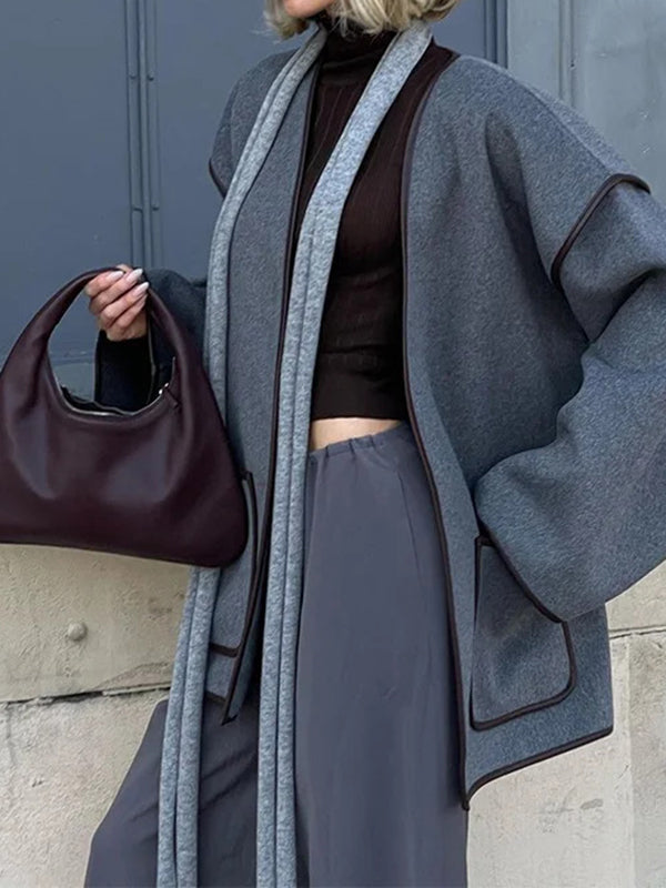 Long Sleeves Loose Pockets Solid Color Split-Joint Tied Waist V-neck Woolen Coat