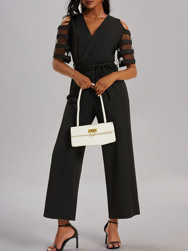 High Waisted Loose Hollow Mesh Solid Color Tied Waist V-Neck Jumpsuits