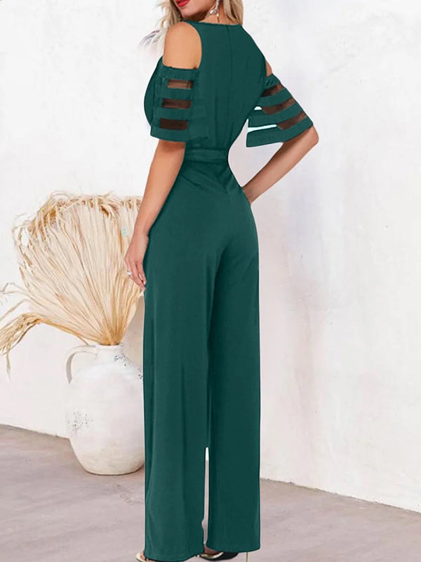 High Waisted Loose Hollow Mesh Solid Color Tied Waist V-Neck Jumpsuits