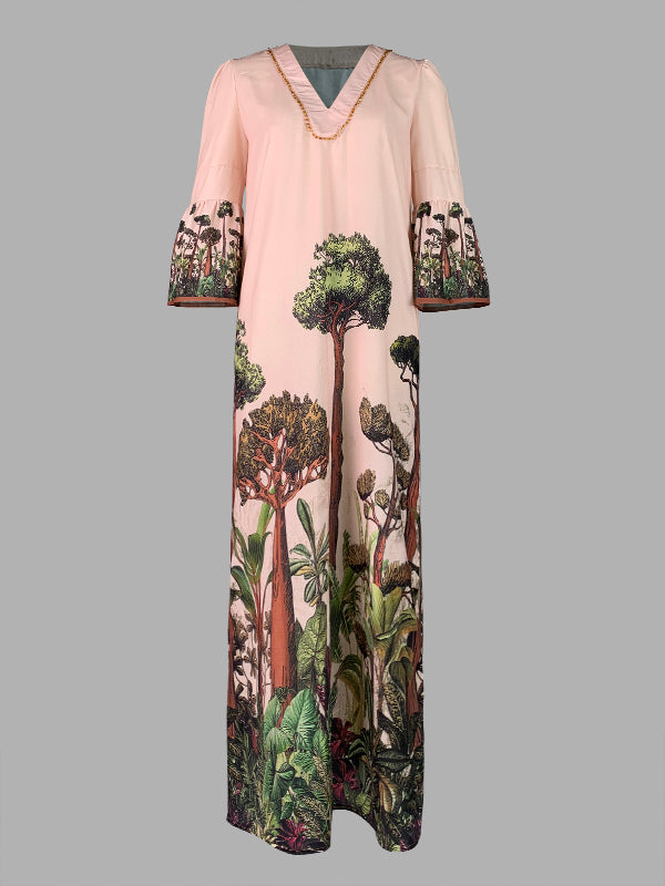 Flared Sleeves Loose Leaves Print V-Neck Maxi Dresses
