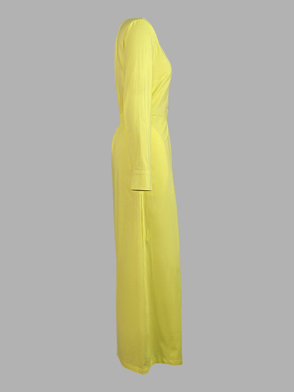 High Waisted Long Sleeves Buttoned Pockets Solid Color V-Neck Jumpsuits