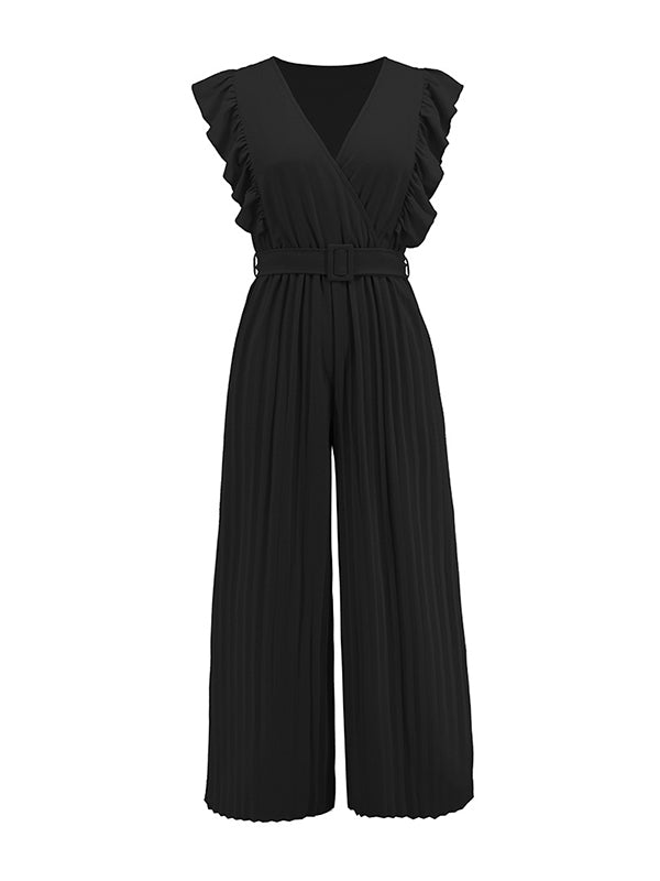 High Waisted Loose Belted Pleated Ruffled Solid Color V-Neck Jumpsuits