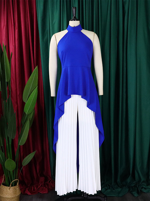 Loose Backless Lacy Solid Color Halter-Neck Vest Top + High-Low Pants Bottom Two Pieces Set