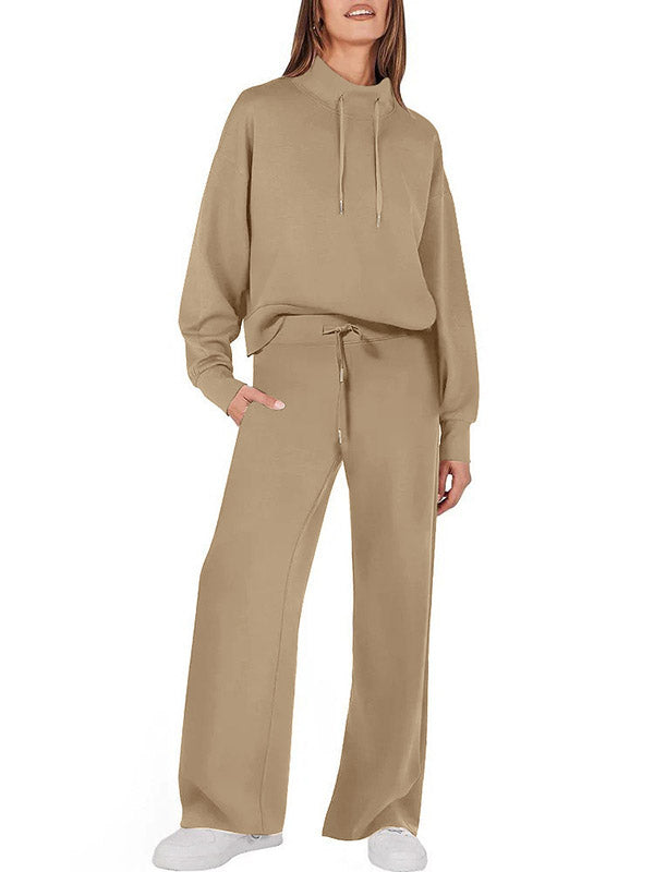 High Waisted Long Sleeves Drawstring Split-Joint Sweatshirt + Pants/Trousers Two Pieces Set
