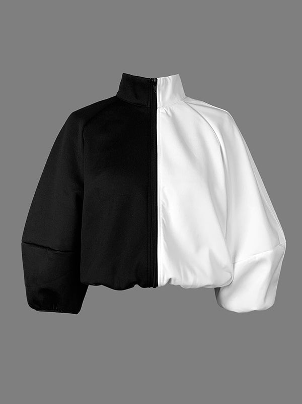 Loose Puff Sleeves Contrast Color Split-Joint Stand Collar Outerwear