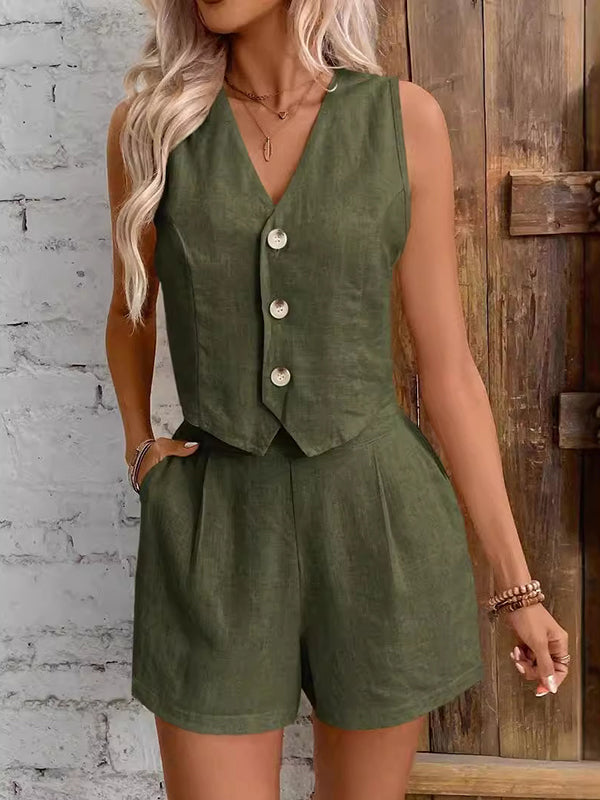 Sleeveless Split-Joint V-Neck Vest + High Waisted Pleated Shorts Two Pieces Set