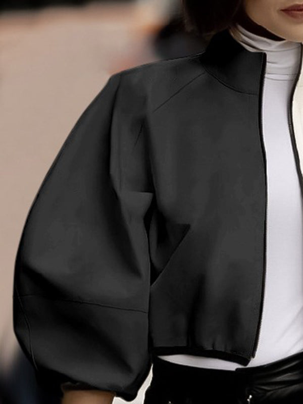 Loose Puff Sleeves Contrast Color Split-Joint Stand Collar Outerwear