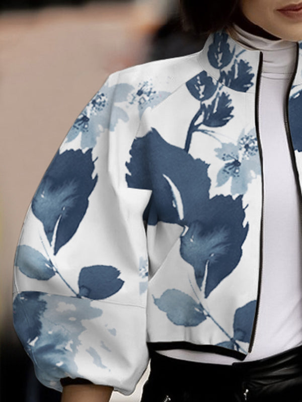 Loose Puff Sleeves Floral Printed Stand Collar Jackets Outerwear
