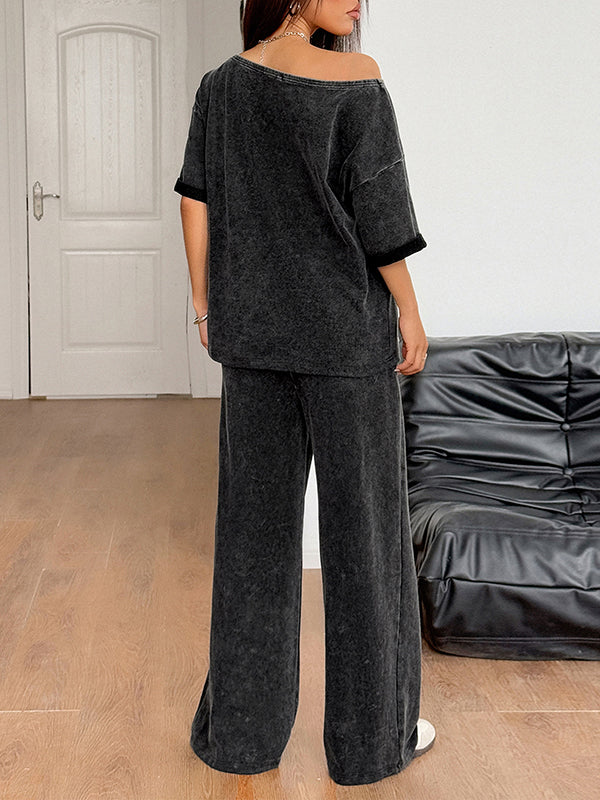 Loose Short Sleeves Solid Color One-Shoulder T-Shirt Top + Pockets Pants Bottom Two Pieces Set