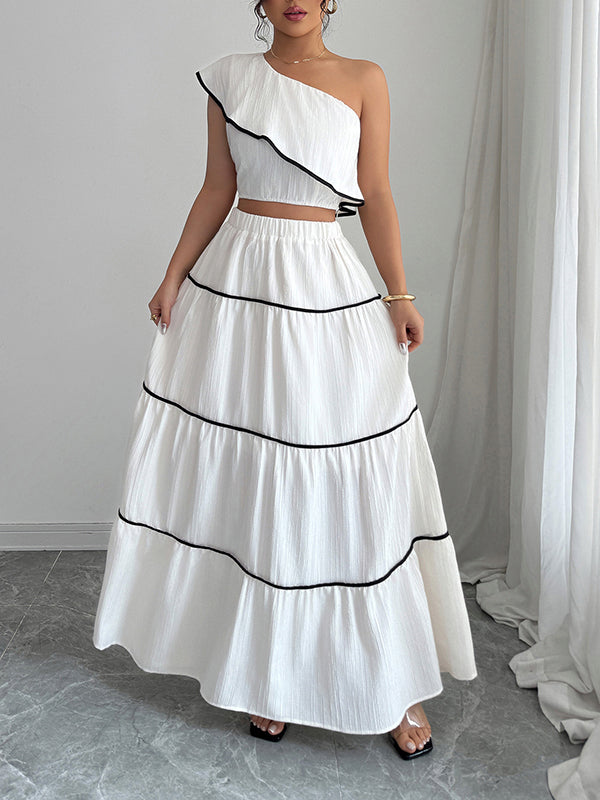 Sleeveless Elasticity Pleated One-Shoulder Vest Top + A-Line Skirts Bottom Two Pieces Set