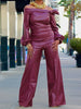 Long Sleeves Puff Sleeves Asymmetric Knot Solid Color Off-The-Shoulder Shirts Top + Pants Bottom Two Pieces Set