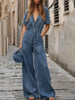 Short Sleeves Solid Color Tied Waist V-Neck Denim Jumpsuits