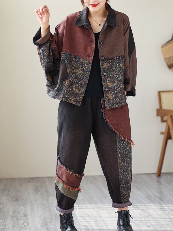 Contrast Color Fringed Split-Joint Long Sleeves Printed Outwear + Harem Pants  Two Pieces Set