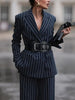 Long Sleeves Belted Striped Notched Collar Blazer Outerwear