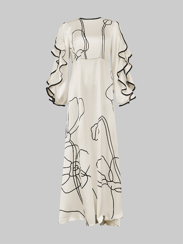 Loose Contrast Color Falbala Flower Print Hollow Zipper Maxi Dresses