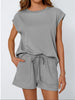 Loose Raglan Sleeve Solid Color Split-Joint Round-Neck T-Shirt + Drawstring Elasticity Shorts Two Pieces Set