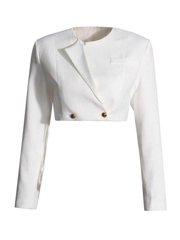 Long Sleeves Buttoned Solid Color Split-Joint Round-Neck Blazers Top + Zipper Wide Leg Mesh Pleated Pants Bottom Two Pieces Set