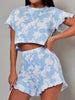 Loose Short Sleeves Elasticity Ruffle Trim Round-Neck T-Shirt Top + Shorts Bottom Pajama Sets
