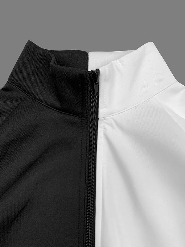 Loose Puff Sleeves Contrast Color Split-Joint Stand Collar Outerwear