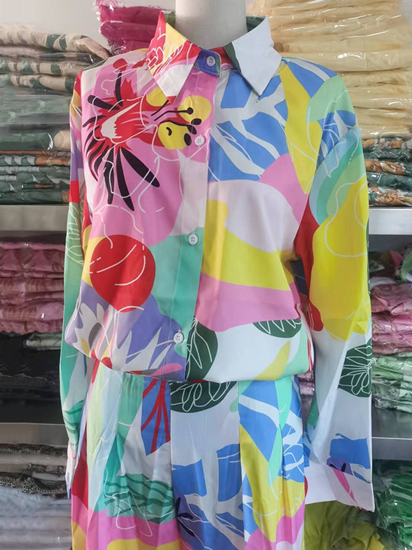 Contrast Color Printed Long Sleeves Buttoned Lapel Blouses Top+ High Waisted Pants Bottom Two Pieces Set