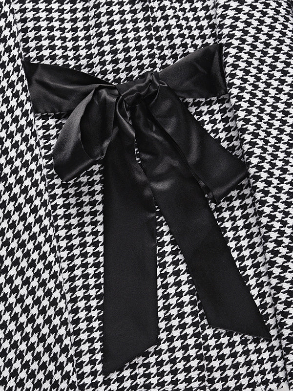 Batwing Sleeves Long Sleeves Houndstooth Tied Waist Stand Collar Cape Outerwear