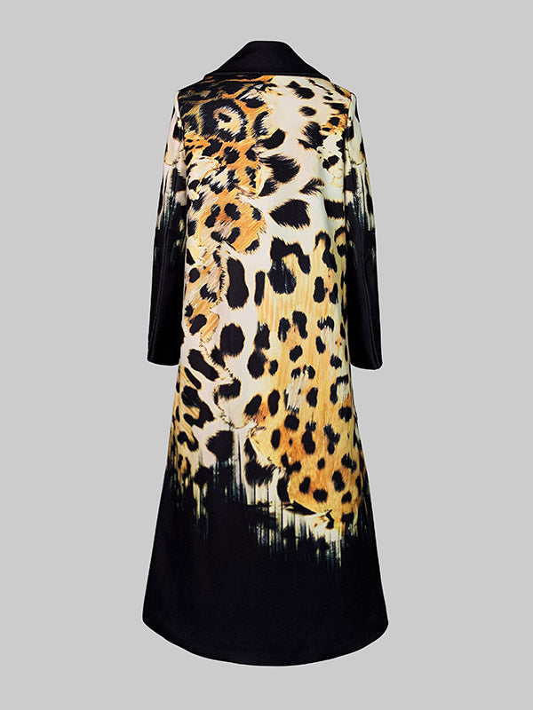 Long Sleeves Loose Leopard Split-Joint Lapel Woolen Coat