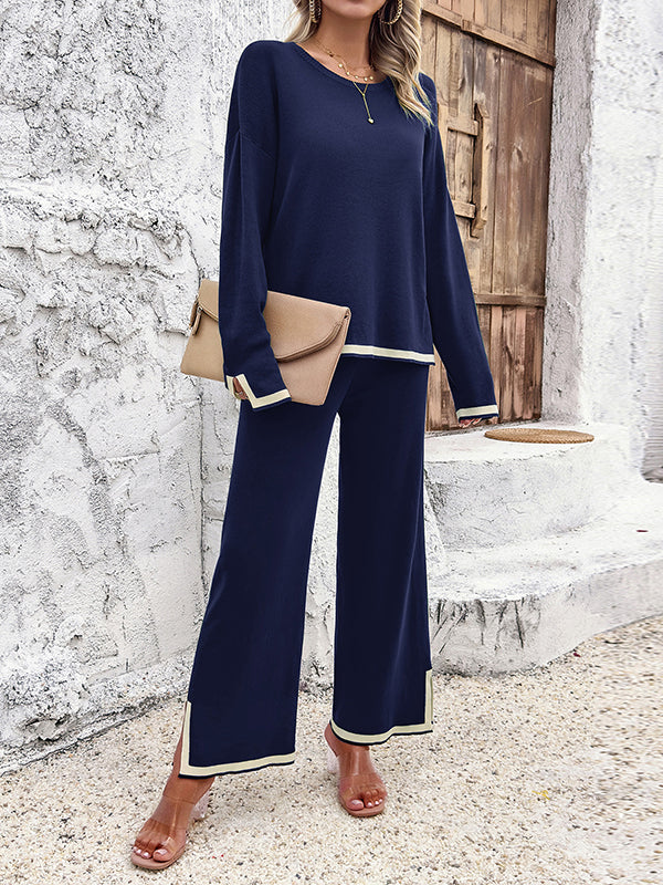 Long Sleeves Contrast Color Split-Joint Split-Side Round-Neck High-Low Sweater Tops +  Pants Bottom Two Pieces Set
