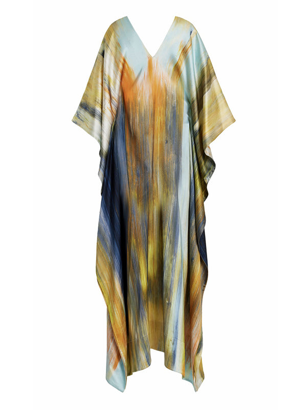 Batwing Sleeves Loose Printed Split-Joint V-Neck Maxi Dresses