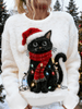 Casual Flannel Sweater with Women's Festive Christmas Cat Art Print