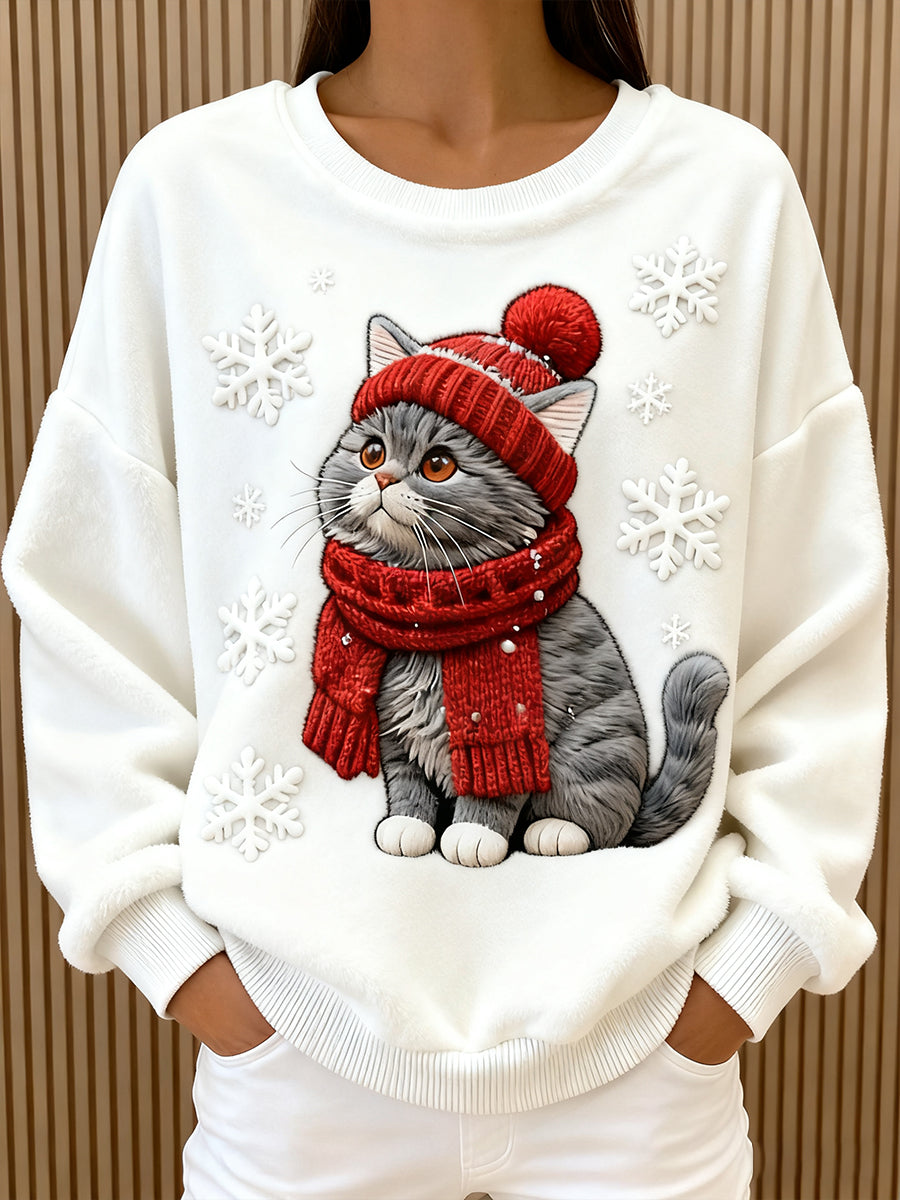 Casual Flannel Hoodie with Women's Christmas Cat Art Print