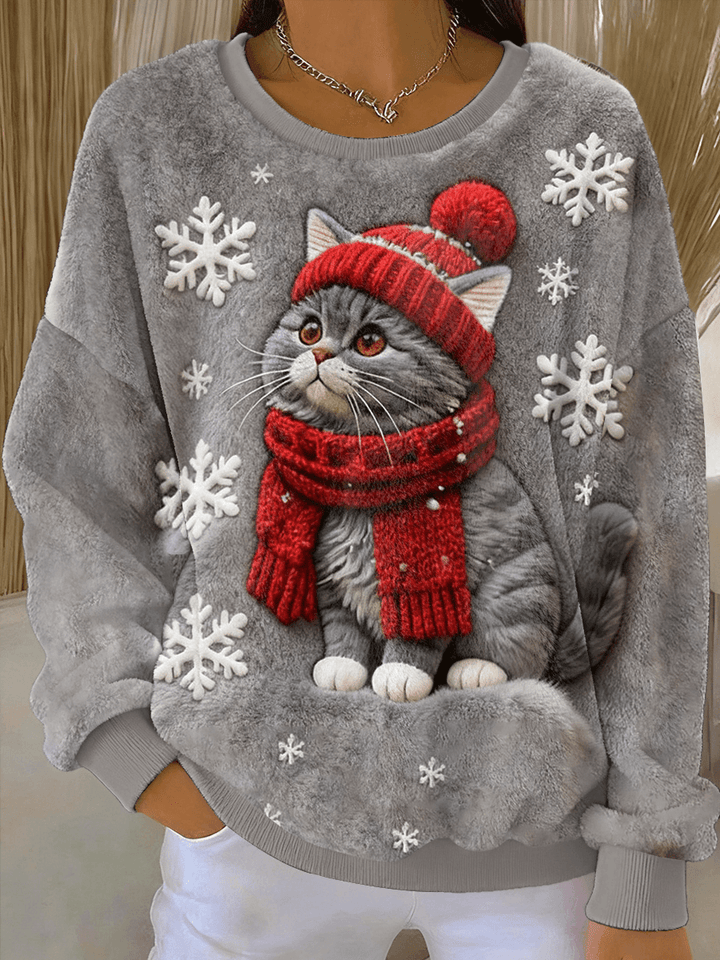 Casual Flannel Hoodie with Women's Christmas Cat Art Print